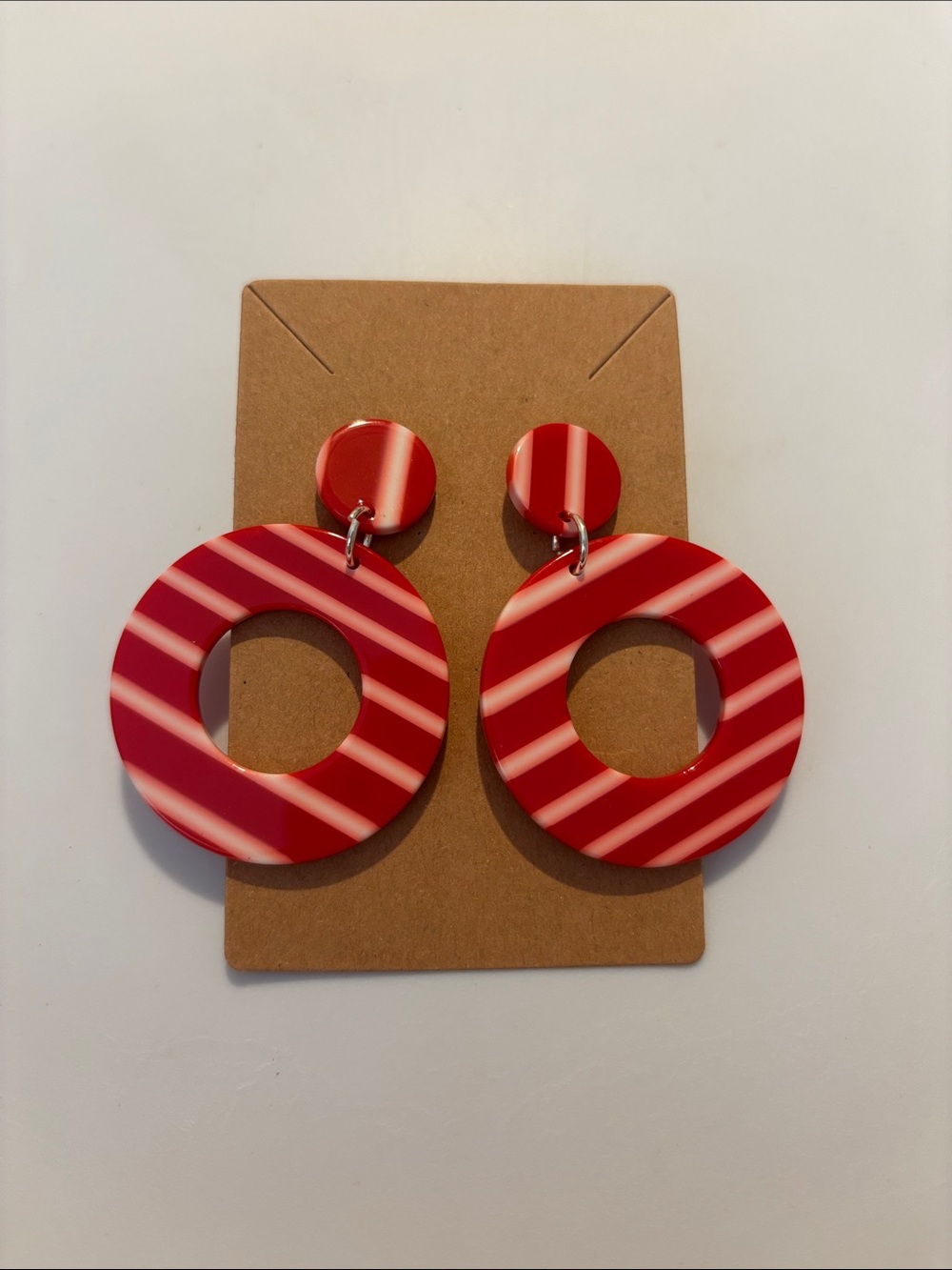 Fashion Jewelry Red and Cream Striped Hoop Drop Earrings